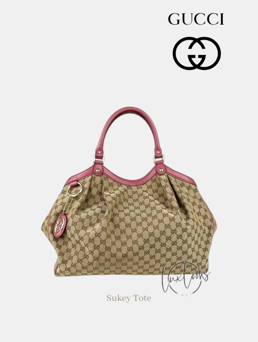 Gucci Sukey Large Tote GG Monogram Canvas Pink Leather Trim EUC Authentic